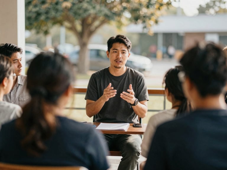 Candid shot of a community leader facilitating a financial literacy workshop for a small group, warm natural daylight, shallow depth of field, 35mm film look.