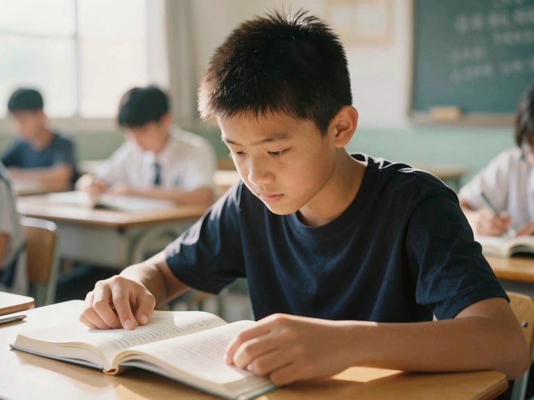 Candid environmental portrait of a young student focused on a textbook in a well-lit classroom, warm natural daylight, shallow depth of field, 35mm film look.