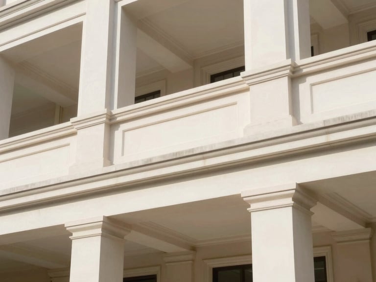 Architectural detail of a classic building facade, clean lines, bright natural daylight, soft shadows, high-end, 35mm lens
