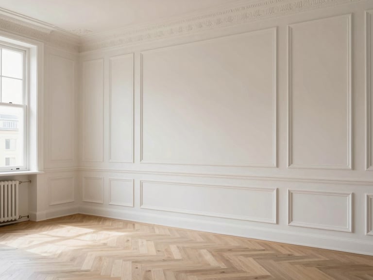 Well-maintained French apartment interior, classic architectural details, bright natural daylight, soft neutral tones, clean straight angles, 35mm lens