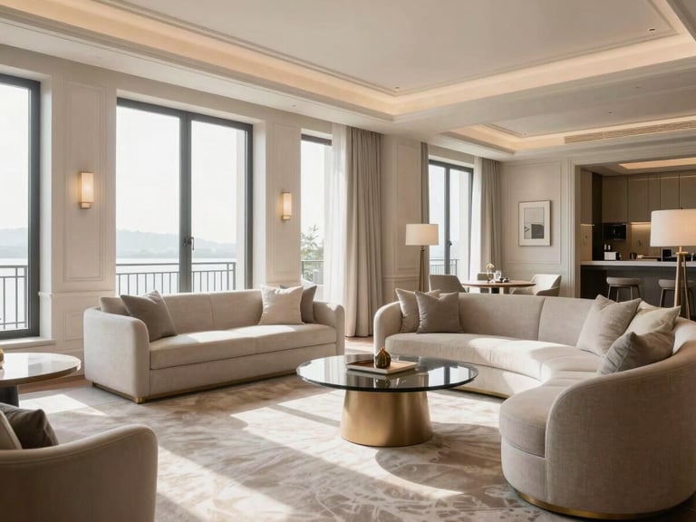 Luxurious boutique hotel interior, elegant furniture, bright natural daylight, soft neutral tones, high-end, 35mm lens