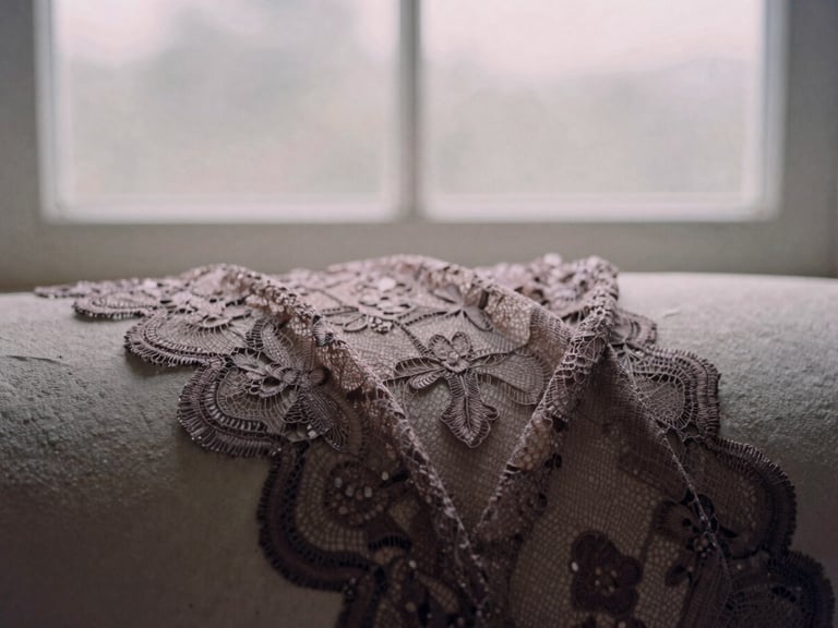 Close-up of intricate, dark lace draped over a smooth, pale stone, gentle shadows, overcast window light, muted rose and charcoal tones, shallow depth of field, 35mm