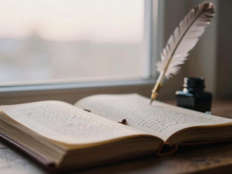 Atmospheric close-up of an old, leather-bound journal with intricate script, a quill and ink beside it, soft golden hour light, shallow depth of field, 35mm