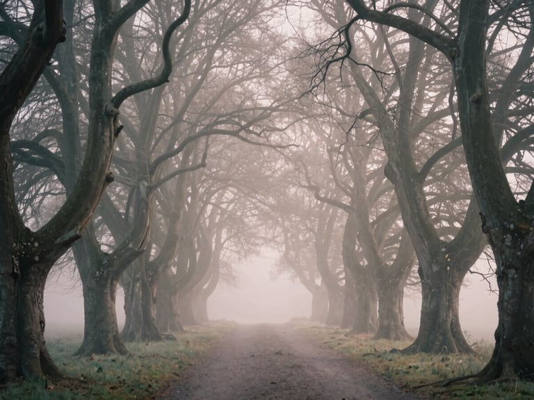 Misty forest path at dawn, ancient gnarled trees forming an archway, diffused light, muted pastel tones, wide atmospheric shot, 35mm