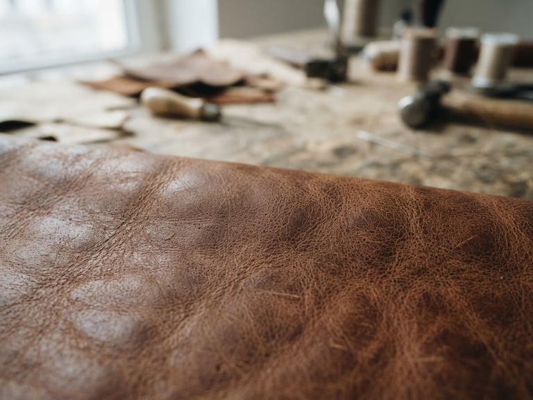 Gros plan sur la texture riche d'un cuir pleine fleur marron, des outils de bottier flous en arrière-plan, lumière naturelle diffuse, tons écru et gris moyen.