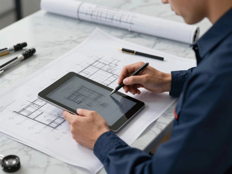 Close-up of a professional engineer in a clean dark blue uniform reviewing technical blueprints on a tablet, architectural drawing tools on a marble table, precise lighting.