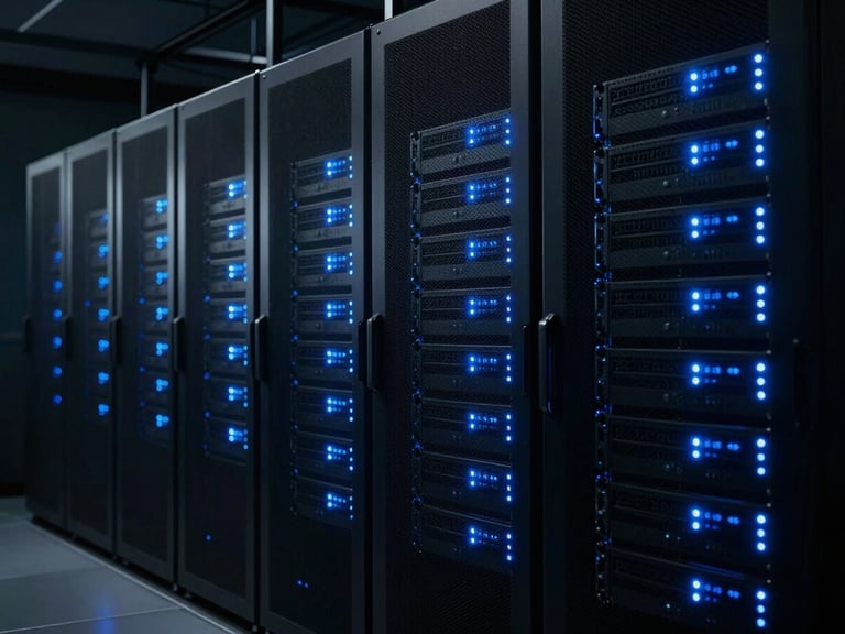 Wide panoramic shot of a modern server rack with cool blue LED indicator lights blinking in a dark, secure data center, cinematic low-key lighting, 35mm.