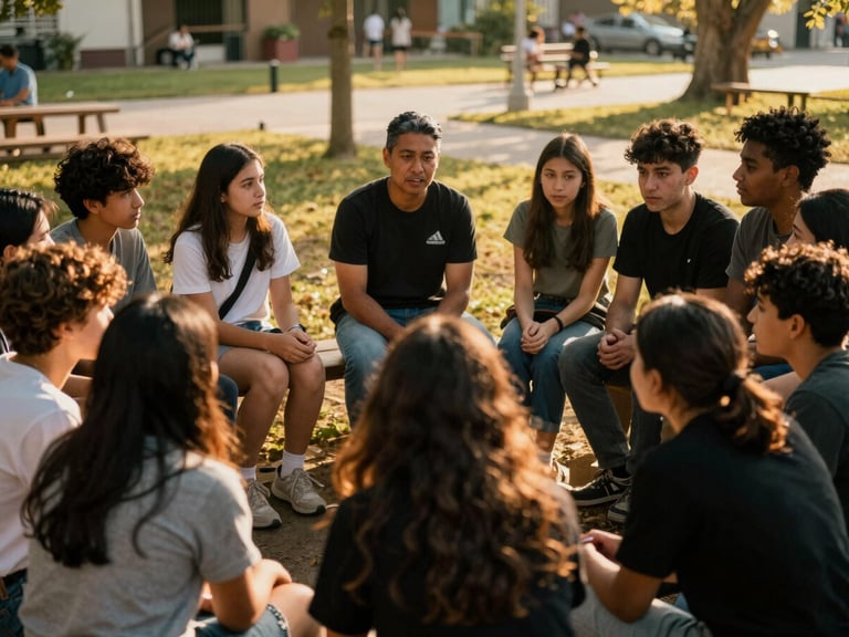 A diverse group of teenagers engaged in a lively discussion with a local mentor in an outdoor community space, warm golden hour light, eye contact, respectful imagery.