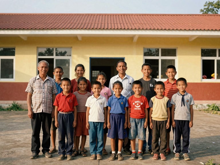 Local community members and children proudly standing outside a newly constructed, brightly painted school building, natural daylight, hopeful expressions, medium-wide environmental portrait.