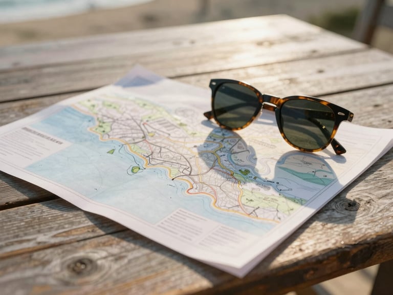 A hand-drawn map and a pair of sunglasses resting on a rustic wooden table under soft natural sunlight