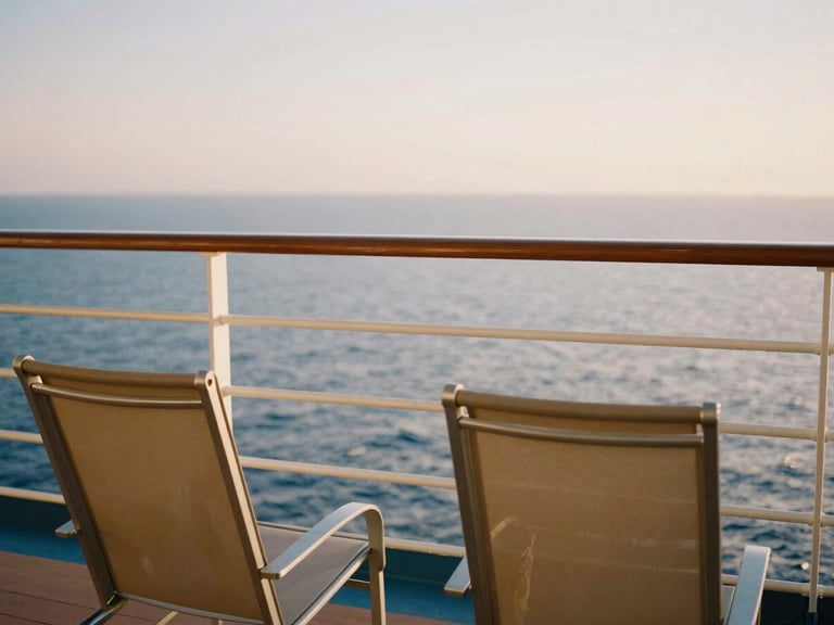 Intimate medium shot of a private cruise balcony with two teak chairs, a warm wooden railing, and a calm ocean sunset in the background