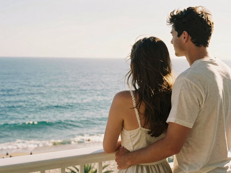 Candid moment of a couple looking out at the ocean from a private balcony, warm natural sunlight, soft coastal tones, 35mm film
