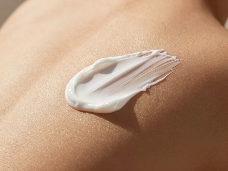 Macro shot of silky white sunscreen cream being applied to bare skin, no white cast, smooth texture, under warm golden-hour light, high contrast, 85mm