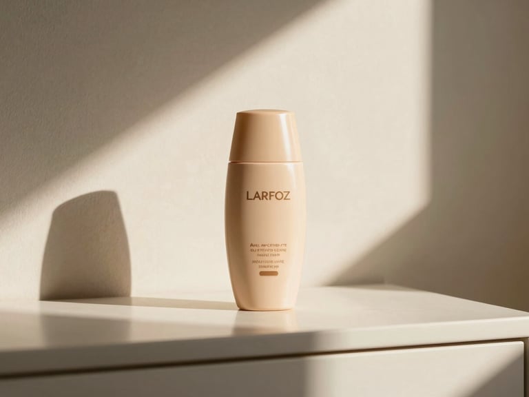 Low-angle heroic shot of the sculptural Larfoz sunscreen bottle on a minimalist vanity, casting sharp geometric shadows from direct sunlight, warm champagne tones, high contrast, 85mm