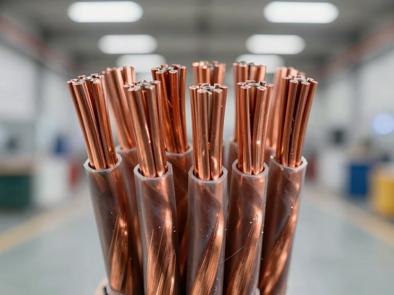Straight-on macro shot of organized high-quality copper cables with exposed copper strands, bright clean industrial warehouse lighting, sharp focus on technical details, 35mm lens