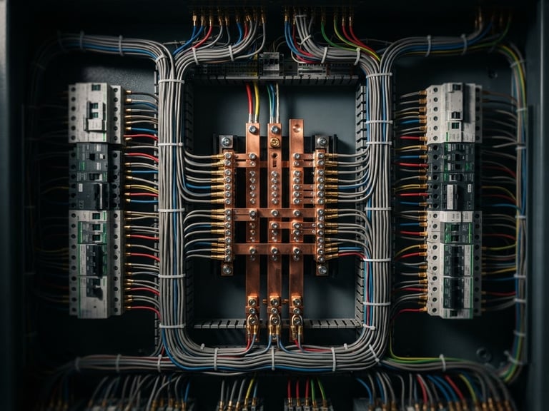 Straight-on, symmetrical macro shot of a meticulously dressed electrical panel, copper wires perfectly parallel, dramatic directional lighting, metallic textures, shallow depth of field.