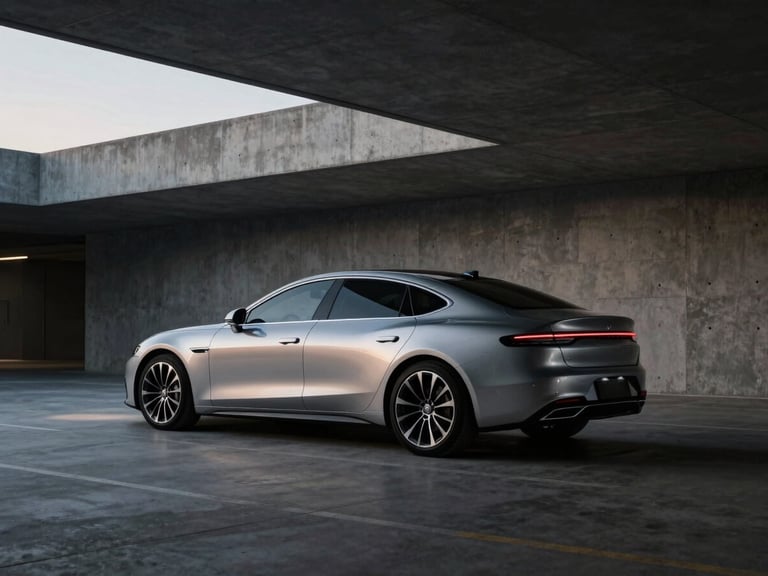 Sleek luxury sedan parked in a minimalist concrete architectural garage, dramatic low-key twilight lighting, sharp silver paint reflecting deep shadows, 35mm lens.
