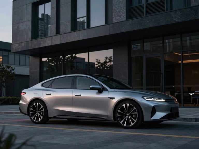 Sleek modern luxury sedan parked in front of contemporary Arlington architecture at twilight, deep silver and charcoal tones, sharp focus