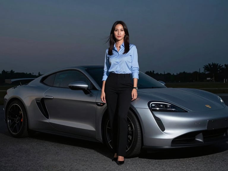 Low-key dramatic portrait of a professional auto insurance advisor standing next to a sleek modern sports car in twilight, silver and charcoal tones, sharp focus, 35mm lens