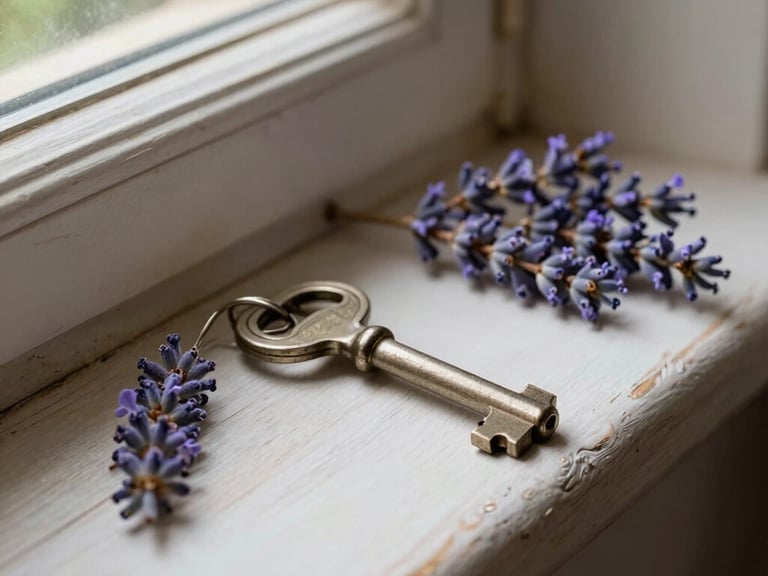 Close-up of a heavy brass key resting on a rustic wooden table next to a sprig of dried lavender, soft morning light filtering through a window.