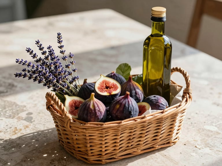 A beautifully arranged local welcome basket with fresh figs, lavender sprigs, and a bottle of olive oil on a sun-dappled stone table.