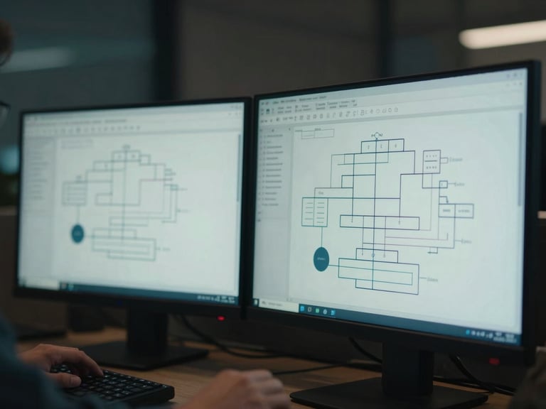 Cinematic medium-close shot of a professional analyzing system architecture diagrams on dual monitors in low-key, moody office lighting with cool slate and amber tones, shallow depth of field, 35mm.