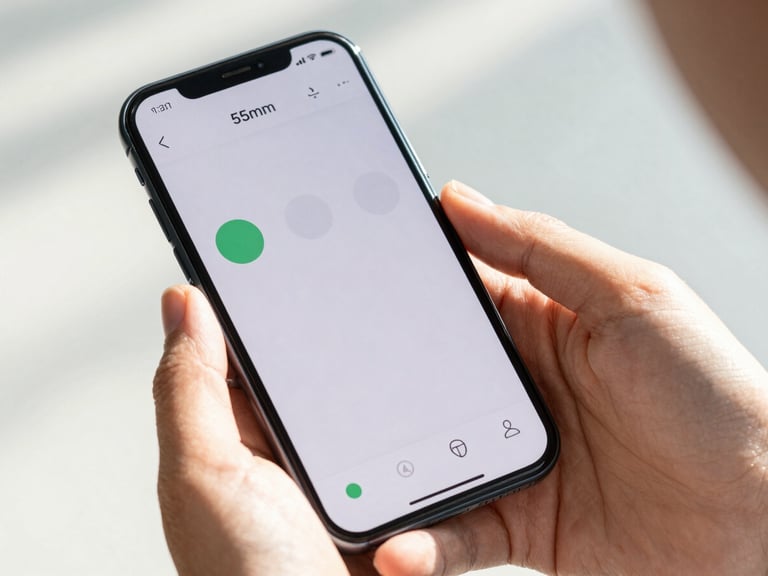 Close-up of hands holding an Android phone in bright natural daylight, displaying a clean mobile application interface with large touch targets, soft shadows, 50mm