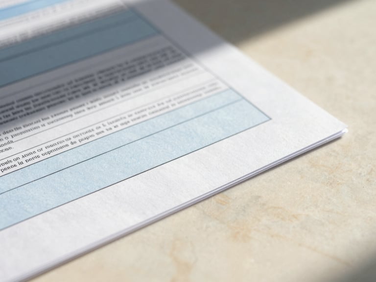 Macro shot of physical financial documents on a marble table, warm daylight casting soft shadows, sharp focus, 35mm lens