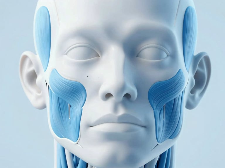 High-resolution 3D anatomical render of the human face, highlighting the frontalis muscle in blue, crisp clinical studio light, sterile blue and white tones, macro depth of field, high-detail scientific visualization