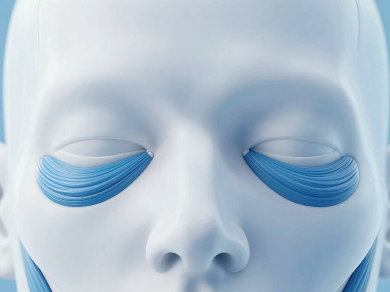 High-resolution 3D anatomical render of the human face, highlighting the corrugator supercilii muscle in blue, crisp clinical studio light, sterile blue and white tones, macro depth of field, high-detail scientific visualization