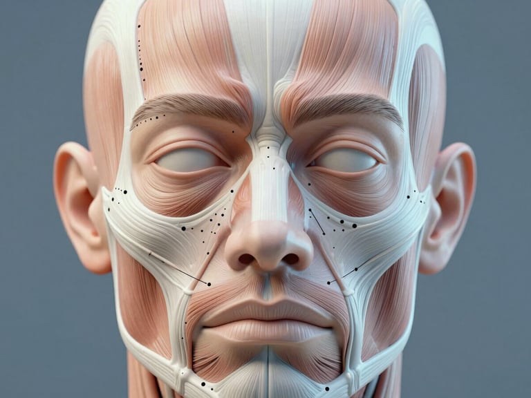 High-resolution 3D render of facial muscles, showing targeted injection points for dynamic wrinkles, with surrounding muscles relaxed, crisp studio light.