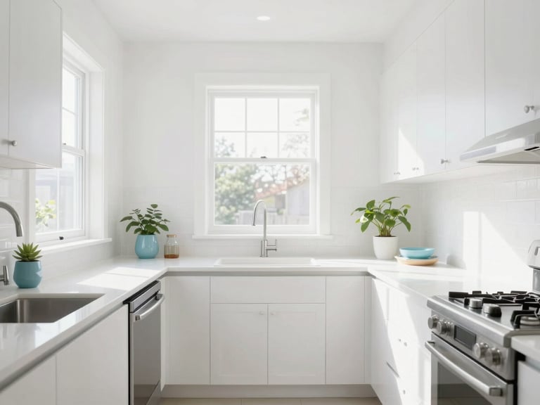 Symmetrical, bright kitchen interior with morning light streaming through windows, white countertops, pristine stainless steel appliances, high-key photography, 35mm