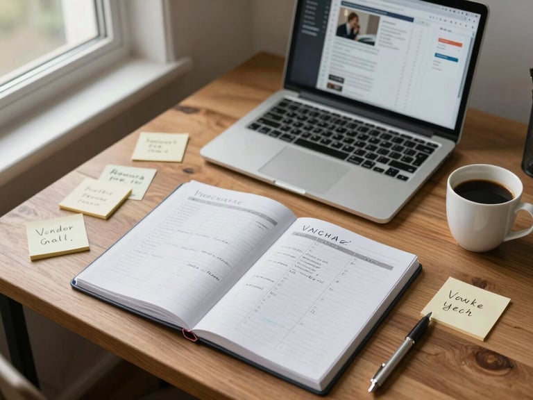 Close overhead view of a wooden desk with a handwritten content calendar spread open, a laptop showing a social media scheduling tool, a cup of coffee to one side and loose sticky notes with vendor names visible, north-facing window light from the left, no person visible, just the work surface