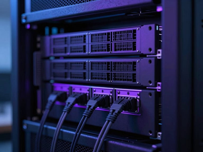 Sleek dark-mode technology photography, low-key ambient office lighting with cool purple LED accents, macro shot of server rack cabling, sharp focus, 35mm