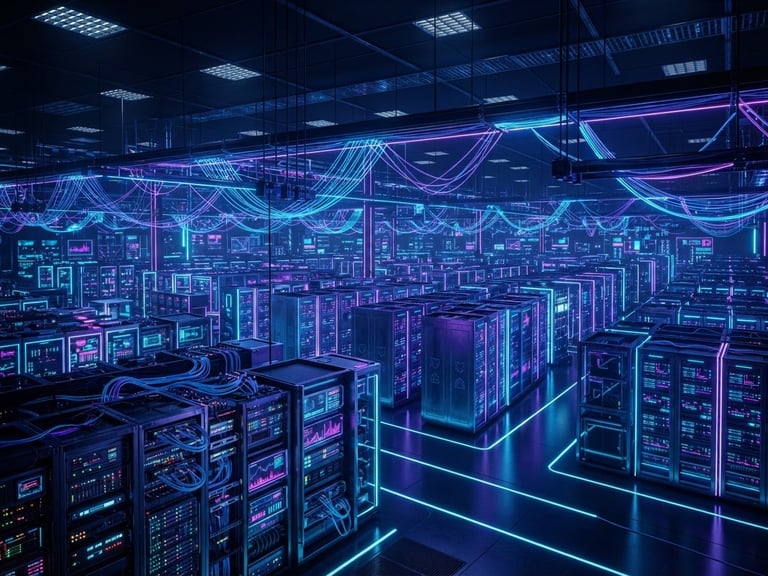 Wide shot of a futuristic server room with glowing neon blue and purple LED lights, complex network nodes interconnected, sleek dark interfaces, ultra-sharp details, 35mm lens, high-contrast.