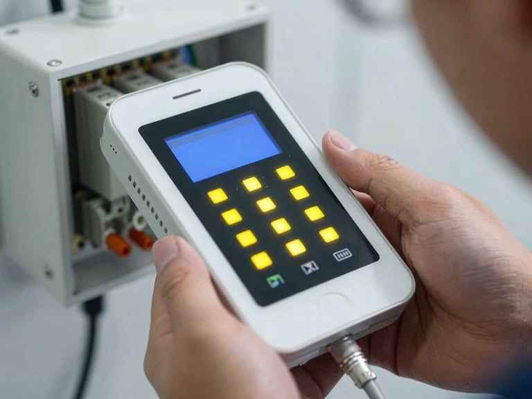 Close-up of a modern smart-grid hardware device with clean yellow LED indicators, held by a technician in natural daylight, crisp focus, editorial 35mm
