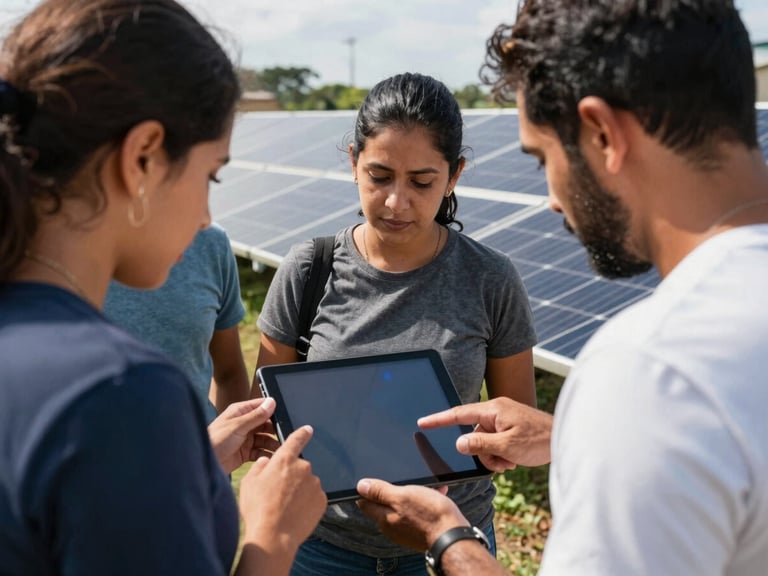 Local community members in Brazil collaborating over a digital tablet outdoors near solar panels, bright natural daylight, crisp focus