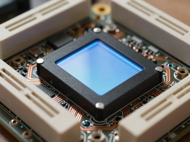 Close-up of a clean smart-grid hardware motherboard with soft blue screen glow reflecting off copper circuits, documentary style, crisp focus