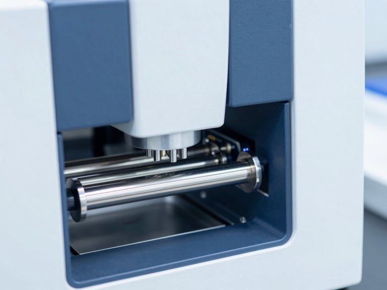 Clinical laboratory photography, bright high-key sterile white light, a modern automated peptide synthesizer with stainless steel lines, sharp macro focus, 50mm