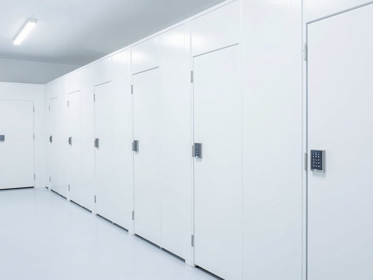 Bright high-key interior photography of a wide, clean, brightly lit storage facility corridor with pristine white doors and security keypads, sharp focus, architectural lens.
