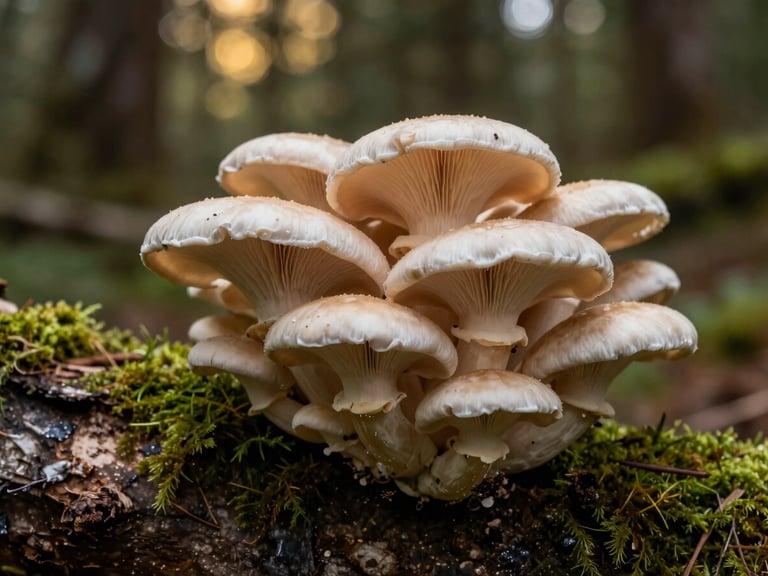 Close-up of oyster mushrooms growing on a damp moss-covered log in a deep forest, soft overcast light, rich textures of bark and mycelium