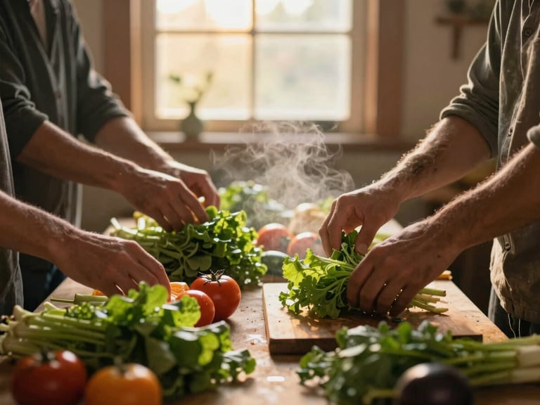 Close-up of diverse hands preparing fresh vegetables in a warm, rustic community kitchen, steam rising, soft golden-hour window light.