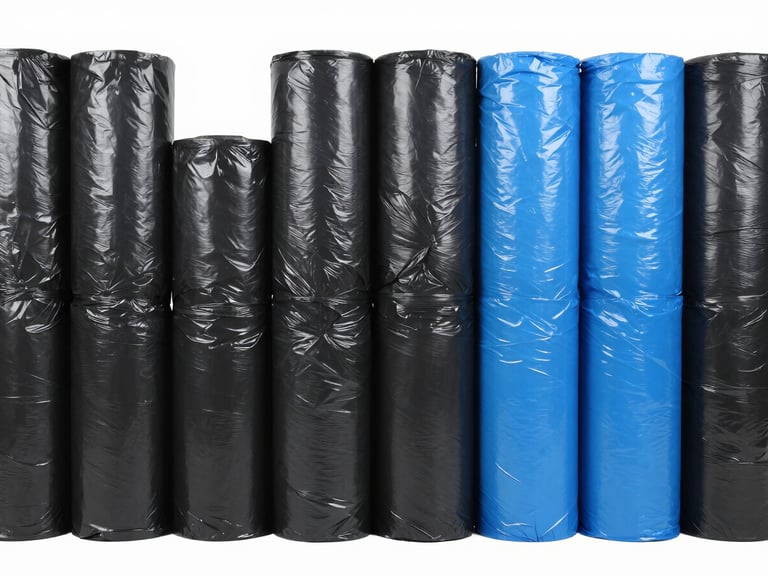 Rolls of thick black and blue garbage bags stacked neatly in an organized facility environment, straight-on shot