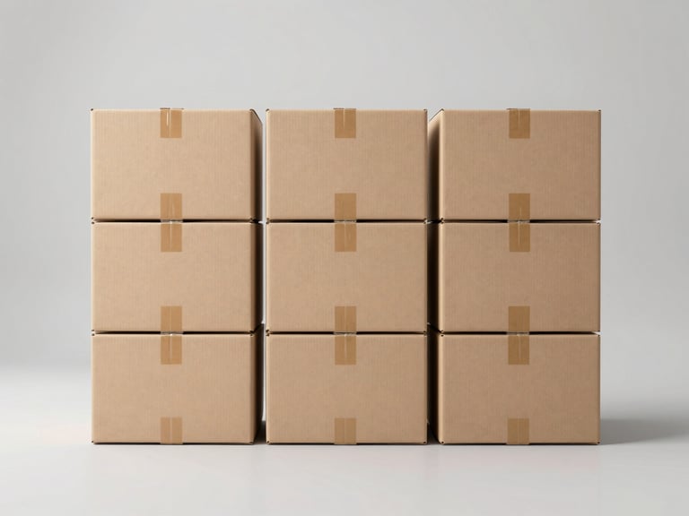 Straight-on clean flat-lay of commercial delivery boxes stacked neatly inside a clean, modern, brightly lit warehouse with neutral cool tones.