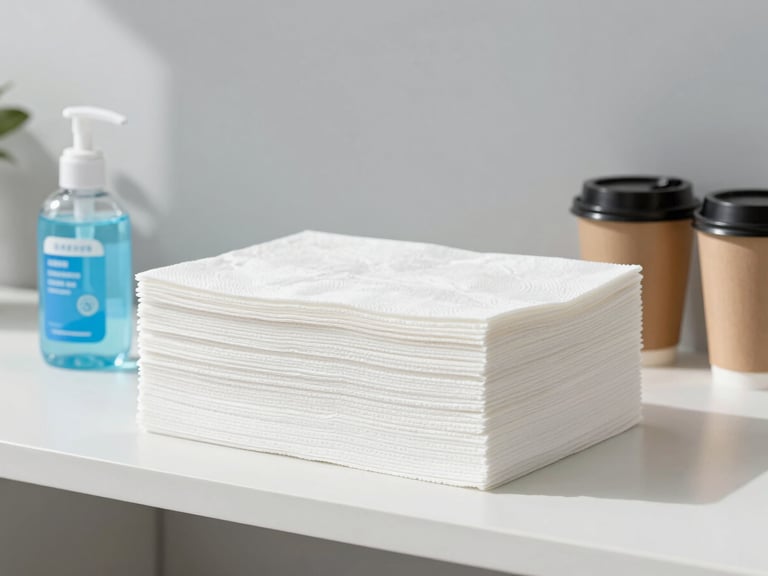 Neatly stacked white paper towels, hand sanitizer dispensers, and coffee consumables on a clean shelf, bright daylight