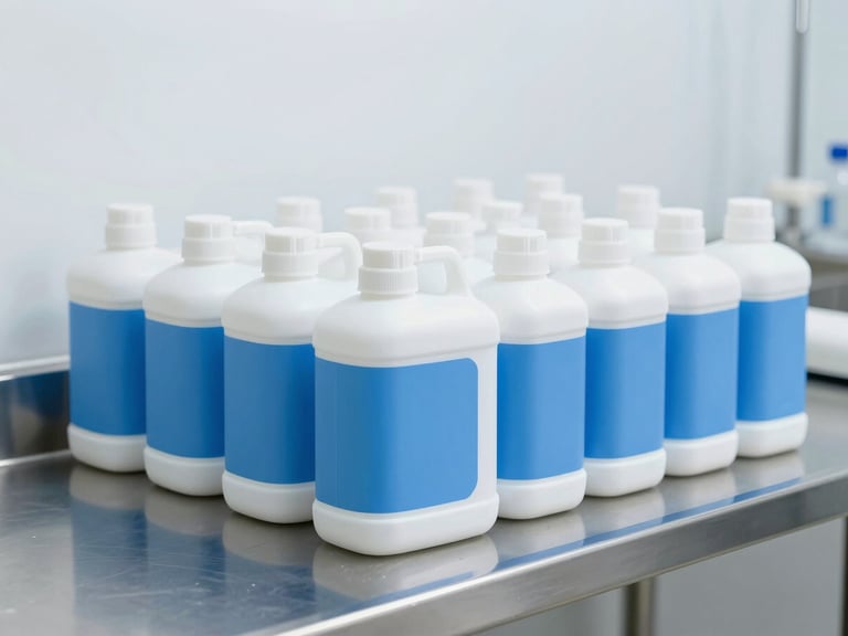 Uniform blue and white disinfectant containers arranged neatly on a sterile stainless steel counter, bright clinical lighting