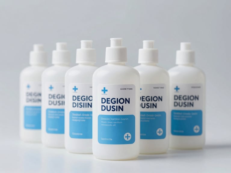Straight-on product shot of medical-grade disinfectant bottles in a neat row, bright clinical studio lighting, neutral cool tones
