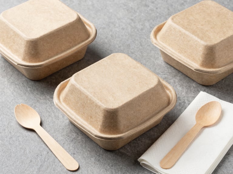 Crisp flat-lay of eco-friendly brown paper food containers, wooden cutlery, and clean white napkins on a neutral slate background, studio lighting
