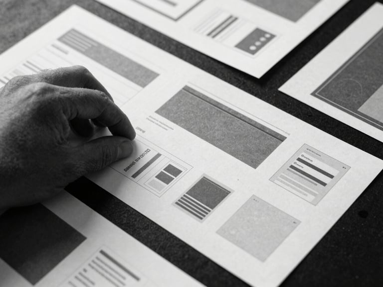 Stark brutalist flat lay photography, flat scanner-bed lighting, high-contrast monochrome with raw textures, sharp macro focus of a hand arranging modular paper UI wireframes on a dark surface.