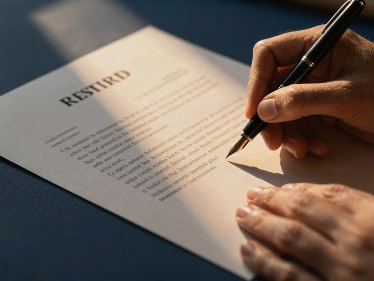 Close-up of hands signing a real estate contract on textured paper, elegant fountain pen, warm golden-hour light, deep navy tones, 35mm photography